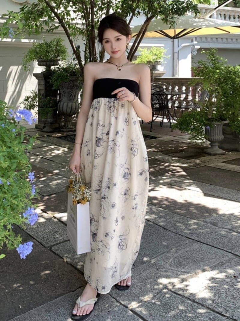 ワンピース チューブトップワンピース ロングスカート ロング丈 袖なし 襟なし ワイド 切り替えデザイン ハイウエスト 薄手 きれいめ 大人 上品 おしゃれ お洒落 セクシー 花柄 春 夏 レディース