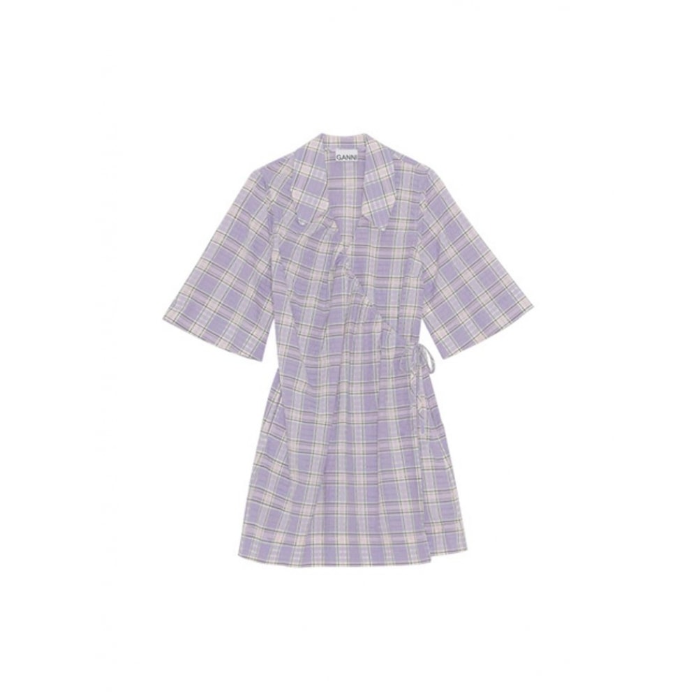 ガニシーサッカーチェックミニドレスパープル F7218