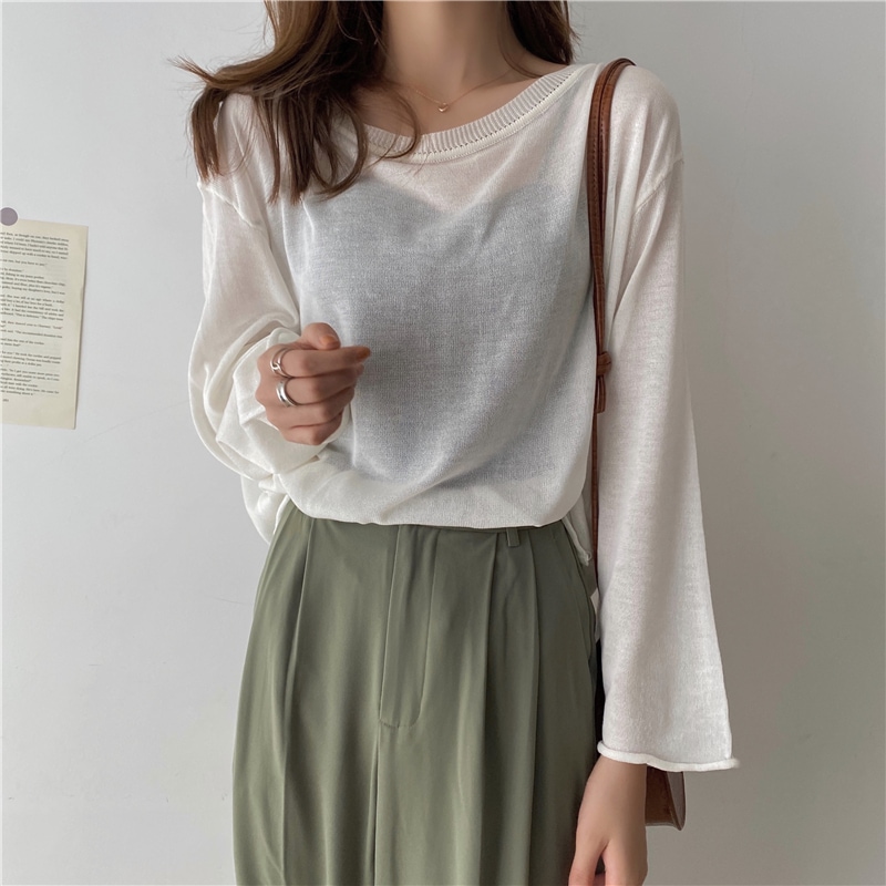 セーター ニット トップス 透け感 ラウンドネック 長袖 ロングスリーブ オーバーサイズ 大人可愛い シンプル 上品 お洒落 こなれ感 通勤 普段使い