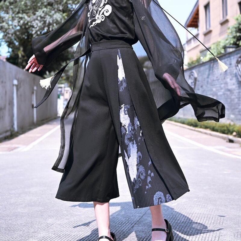 ハイウエスト ワイドパンツ レディース 春夏 クロップドパンツ 黒 切り替えプリント 5,172円