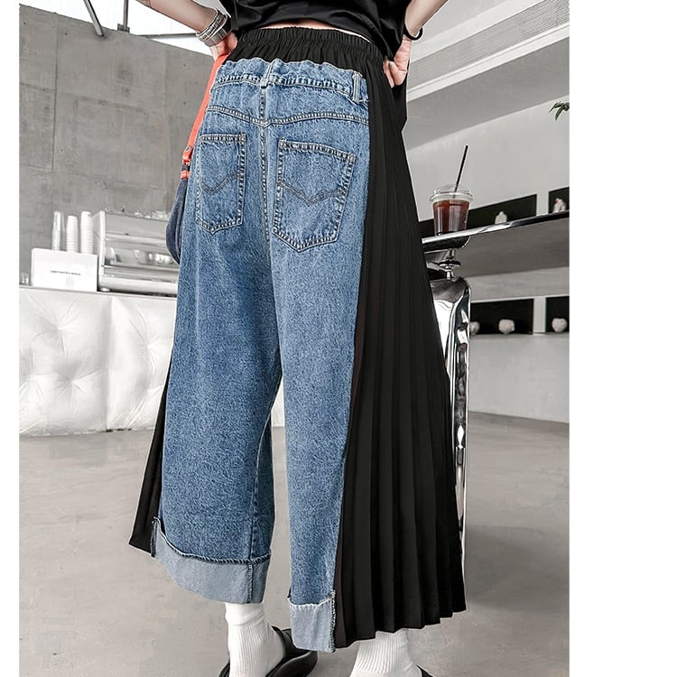 ブルー デニム ステッチ プリーツ サイド ワイドレッグ クロップド パンツ 個性的なデザイン ステージ衣装 演出衣装 イベント こせい 個性 特徴あり 新作 TV 主演 ステージ衣装 舞台 おしゃれ