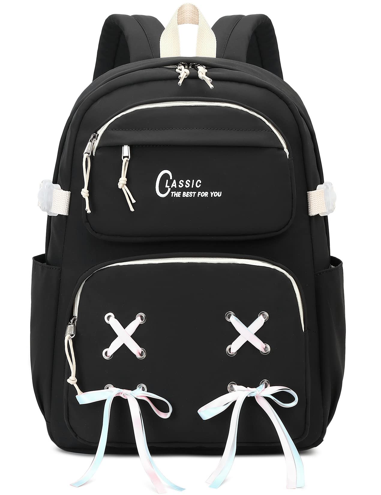[El-fmly] リュック バックパック 可愛いリボン 背面ポケット付き 大容量 通学 旅行 (ブラック)