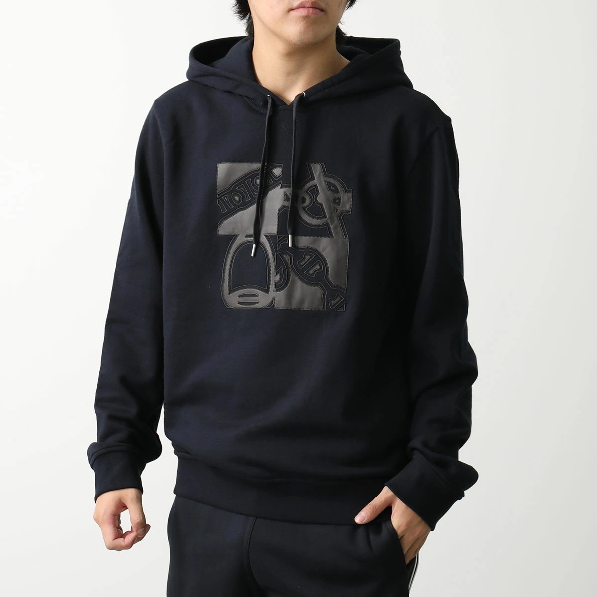 HERMES エルメス パーカー Metallerie au Carre メタリー オー カレ H467820HA メンズ スウェット フーディー プルオーバー レザーパッチ ダークネイビー