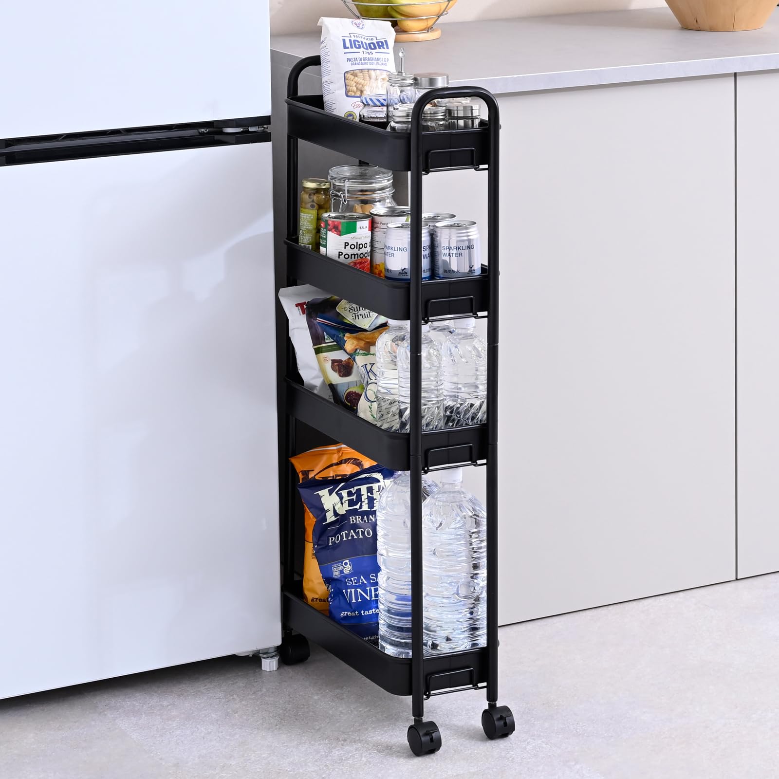 全国送料無料 山善(YAMAZEN) キッチンワゴン キャスター付き 4段 スリム キッチン 収納 耐荷重28kg 幅43×奥行18.5×高さ95cm 隙間収納 ワゴン 組立かんたん マットブラック