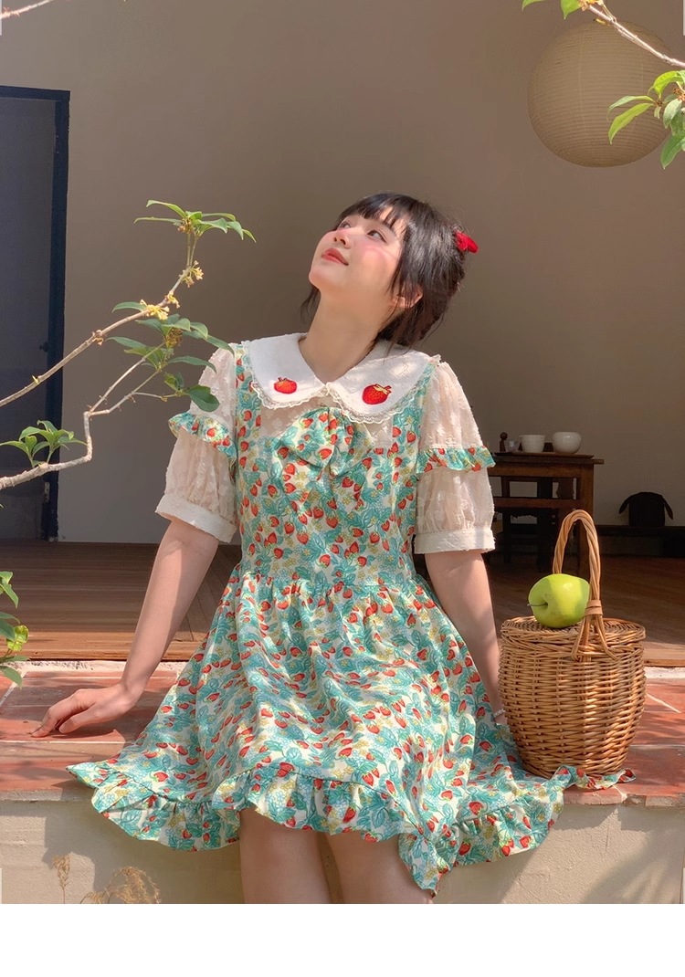 プラスサイズ 女性 プルオーバー ウエスト 春 夏 甘い 花柄 ドレス 個性的 ワンピース ミニ ミニ丈 ショート ショート丈 袖あり 5分袖 五分袖 襟付き かわいい おしゃれ お洒落 ラブリー