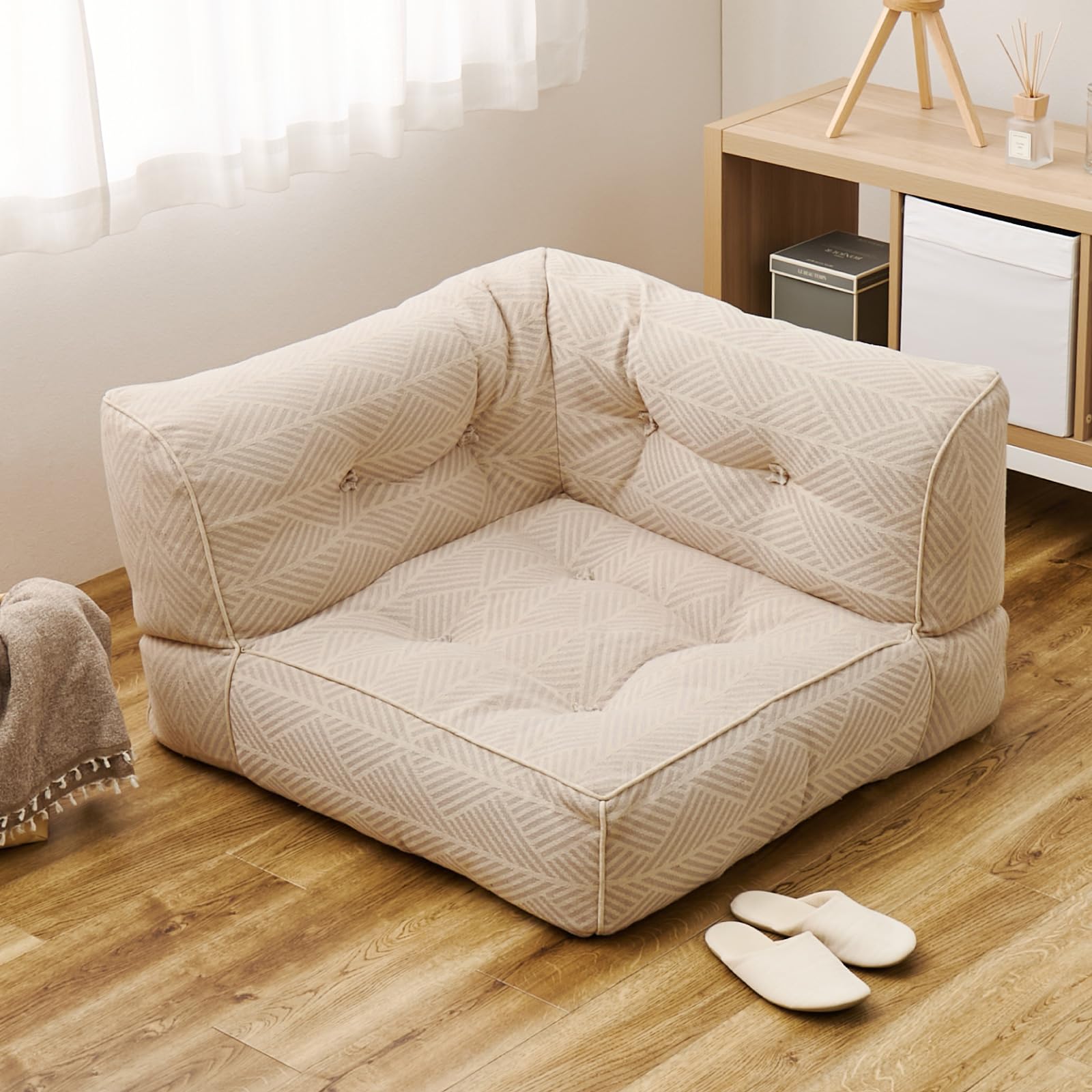 萩原 ソファ ローソファ コーナー レトア ホワイト 約80×80×50cm 綿100% 単品 連結できる ズレ防止付き ポケット付き