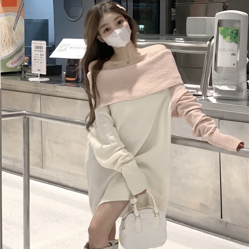 ニットワンピース ワンピース ニットソー セーター ミニ ミニ丈 膝上 半端丈 長袖 萌袖 オフショルダー オフショル ストレート 切り替えデザイン 伸縮性 ニット かわいい 大人可愛い きれいめ 5,005円