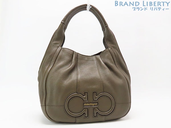 ほぼ新品フェラガモガンチーニホーボーバッグワンショルダーバッグハンドバッグカーキグリーンレザーEE-21D655