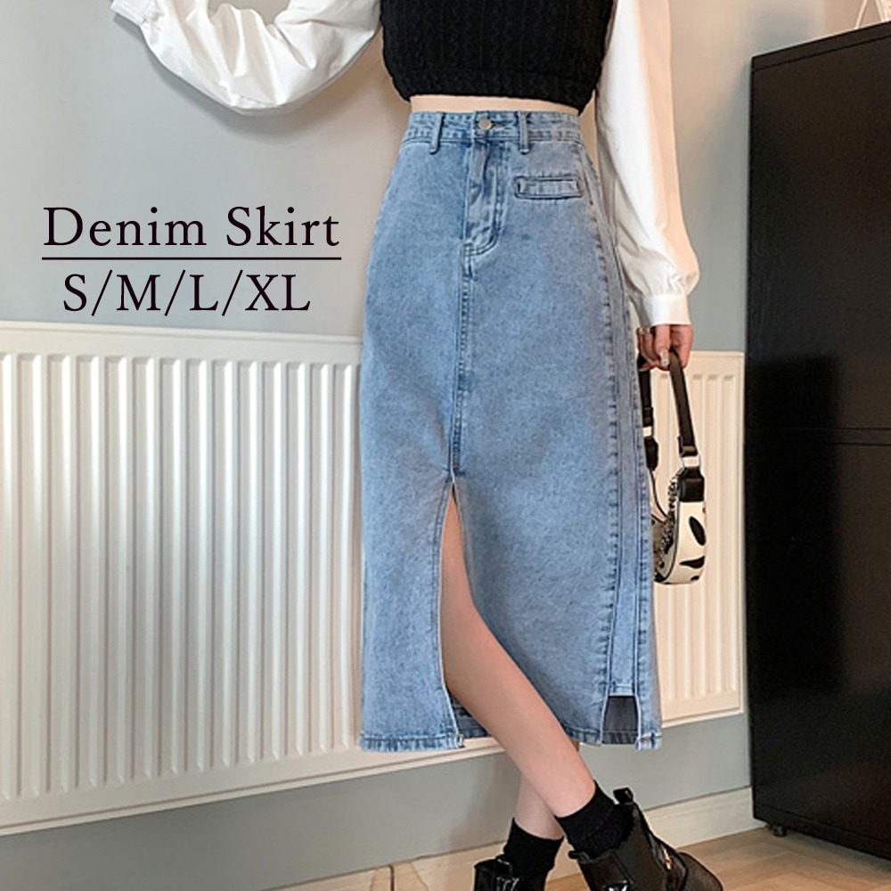 国内即納 デニムスカート スリット入り ミモレ丈