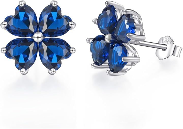 幸運四つ葉のクローバー 女性 6.4ct ブルーサファイア 925純銀製 シルバー ピアス K18コーティング 金属アレルギー対応 (9月 誕生石 サファイア)