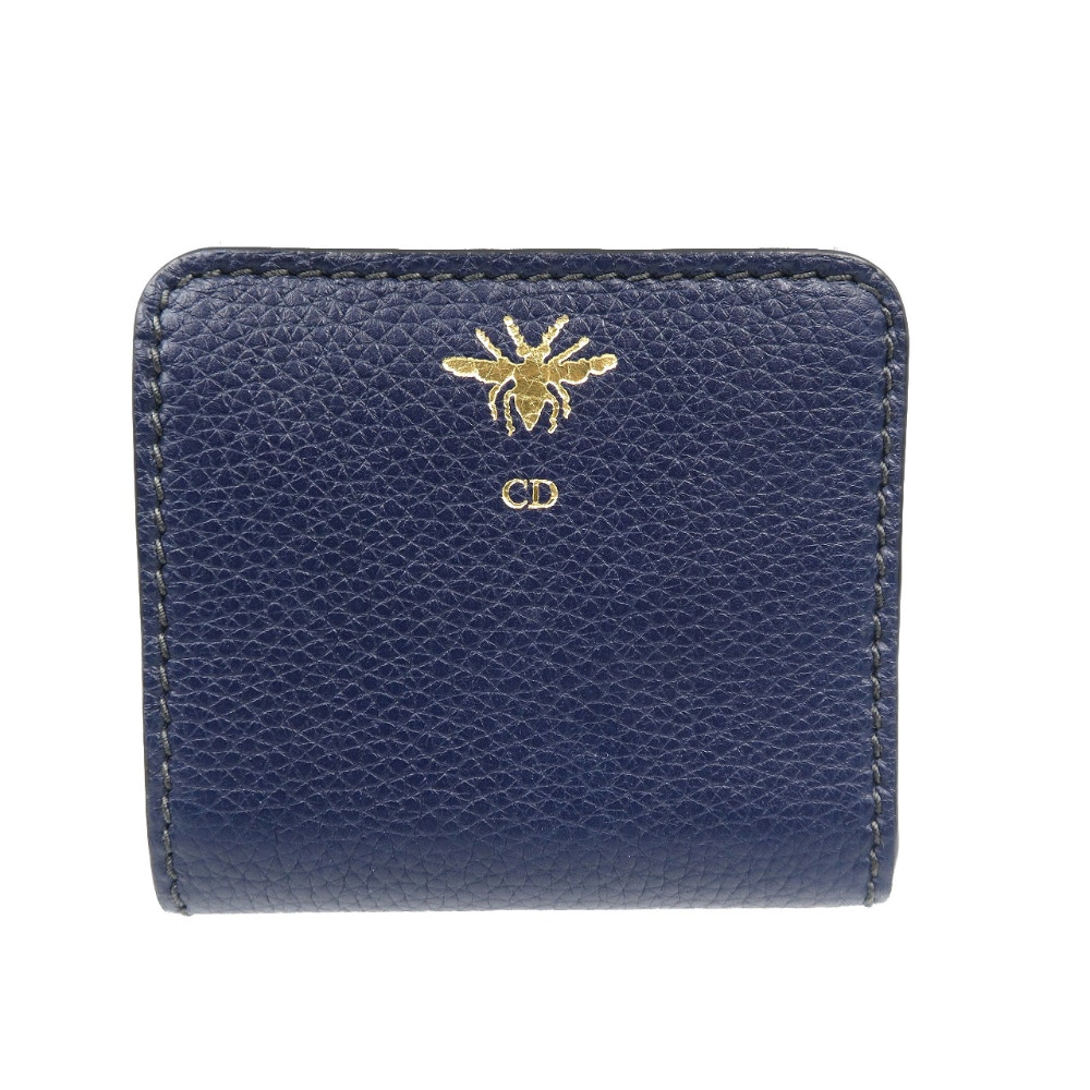 新品同様 クリスチャンディオール 二つ折り財布 レザー/レザー ネイビー 1128【中古】Christian Dior レディース