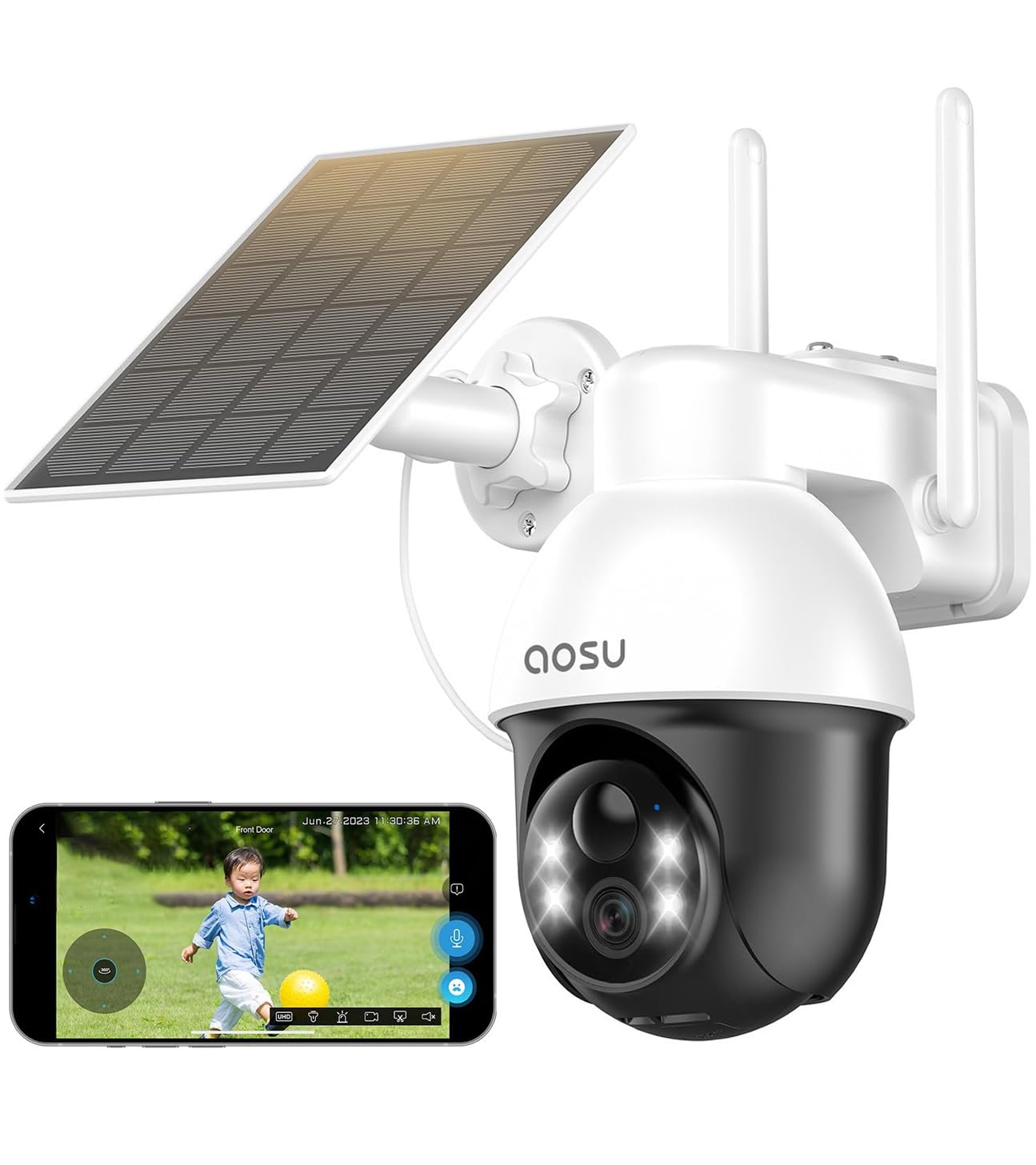 【ソーラー高効率充電・Alexa対応】aosu 防犯カメラ 屋外 ソーラー 自動追尾 人体検知 360左右回転 監視カメラ 300万高画素 夜間カラー撮影 屋外カメラ 電源不要 双方向通話 声光警報