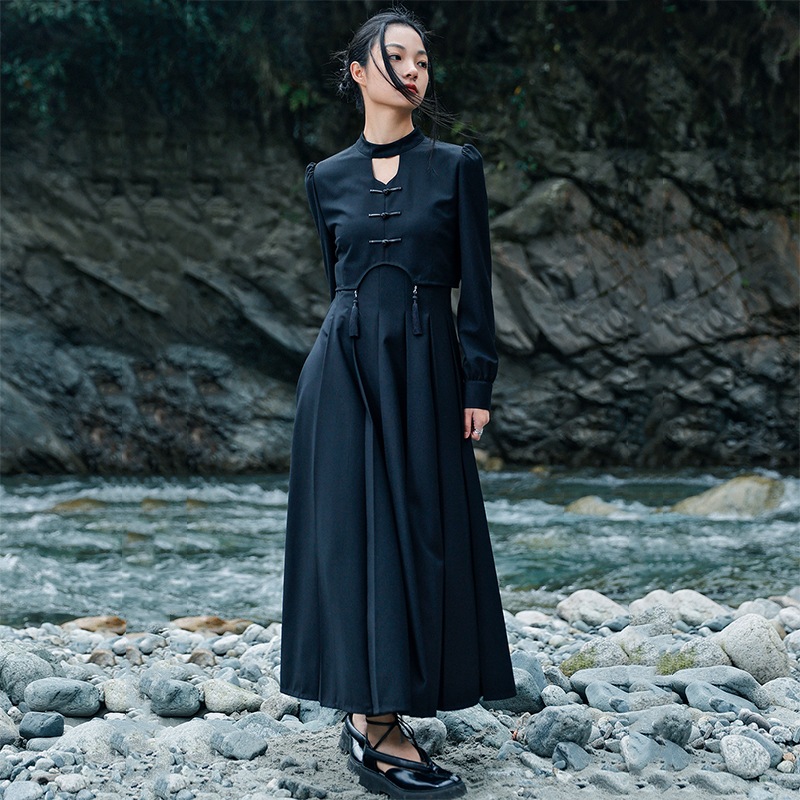チャイナ風ワンピース ロング プリーツワンピース 長袖 黒 重ね着風ワンピース パーティードレス 改良チャイナドレス