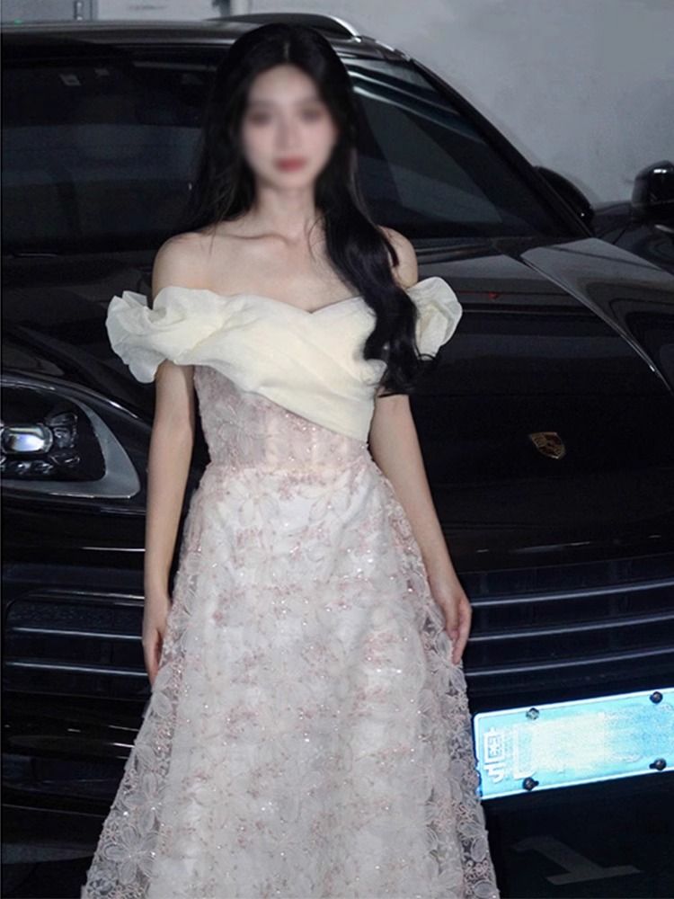 【2枚購入で 3oo円OFF！】ドレス女性2025ナシの形ワンショルダーピンクホストバンケット気質大人のドレス