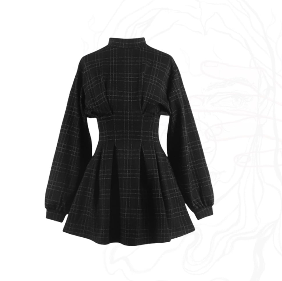 ワンピース デート かわいい 大人可愛い きれいめ シンプル カジュアル 大人 上品 おしゃれ チェック柄 ハイネック スタンドカラー 長袖 ウエストマーク ミニ丈 ブラック 個性的 韓国 XLモテ