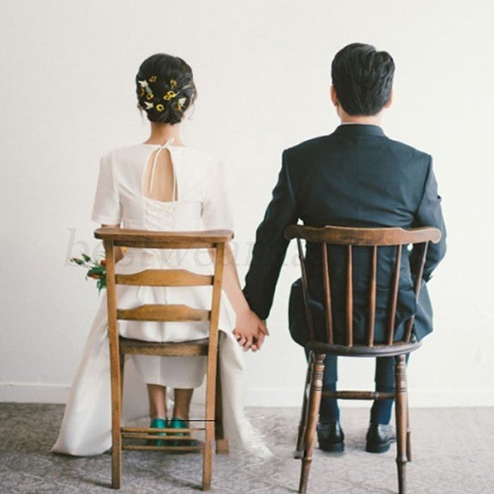 ウェディングドレス ホワイト 結婚ドレス ワンピース 袖あり ロングドレス 演奏会 花嫁 可愛い お呼ばれ ブライダル シンプル 膝下 Aライン 白 上品 エレガント