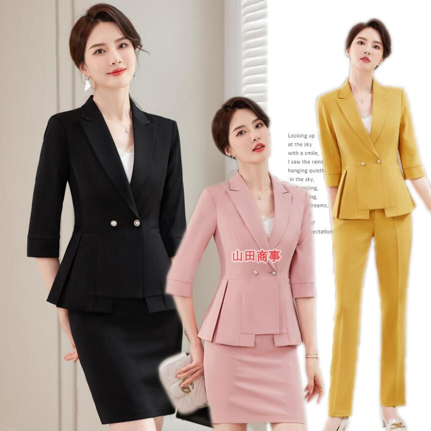 レディーススーツセット ジャケット+スカート/パンツ２点セット 女性 ビジネススーツ スカートスーツ五分袖丈 3色 シンプル オフィス 通勤 就活 面接 事務服 制服 入学式/入社/卒業式　無地スー
