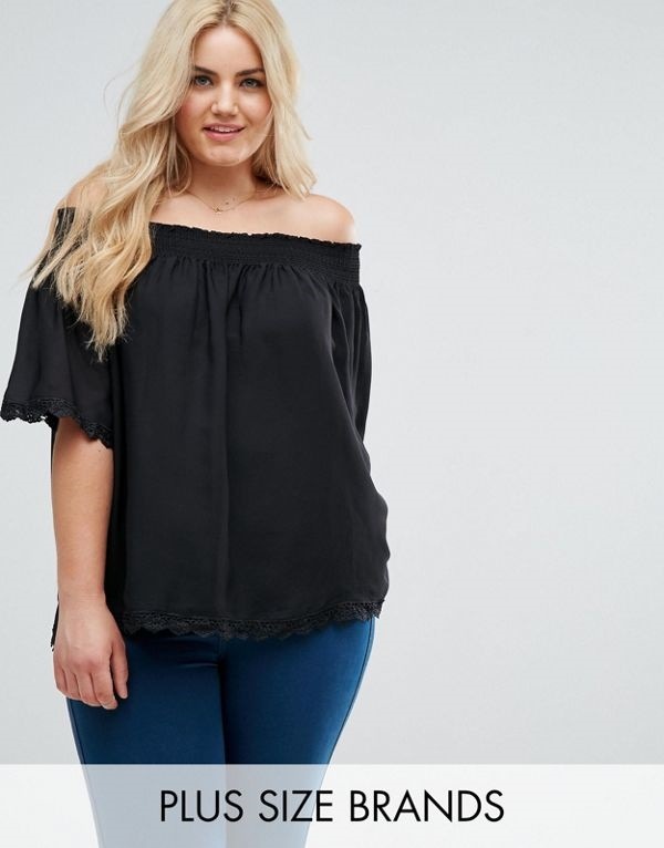 New Looks ニュールック レディース 大きめサイズ ゆったりサイズ 送料無料 Black New Look Curve Crochet Trim Bardot Top