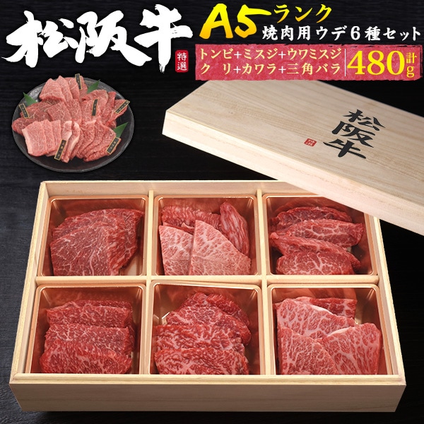 父の日 ギフト A5ランク 松阪牛　ウデ肉　6種食べ比べ 焼肉セット 計480g　(約3-4人用)　カタ肉部位6種類　特上カルビ　トンビ　ミスジ　ウワミスジ　クリ　カワラ　希少部位