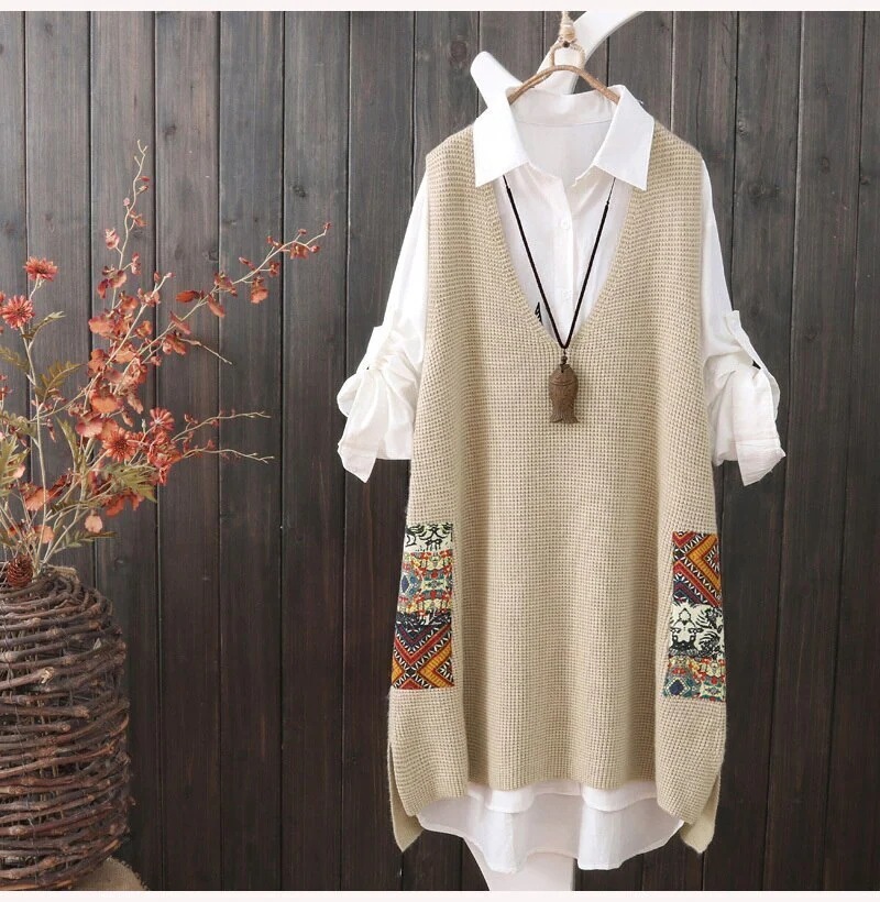 春新作ニットベストVネックノー今週の割引は 25% オフですスリーブセーターロング丈ゆったりパッチワークカジュアル森ガール