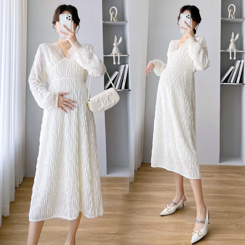 秋のvネック長袖ハイウエストスリムでエレガントなミドル丈の妊婦ファッションドレス