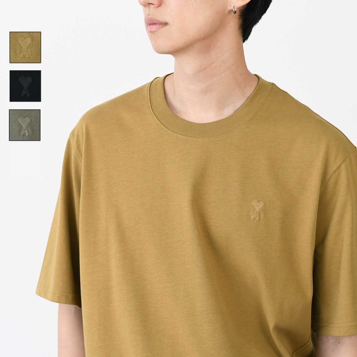 AMI PARIS アミパリス Tシャツ オーガニックコットンジャージーTシャツボクシーフィット UTS074 726 メンズ ブラック グレー マスタード 半袖 ユニセックス