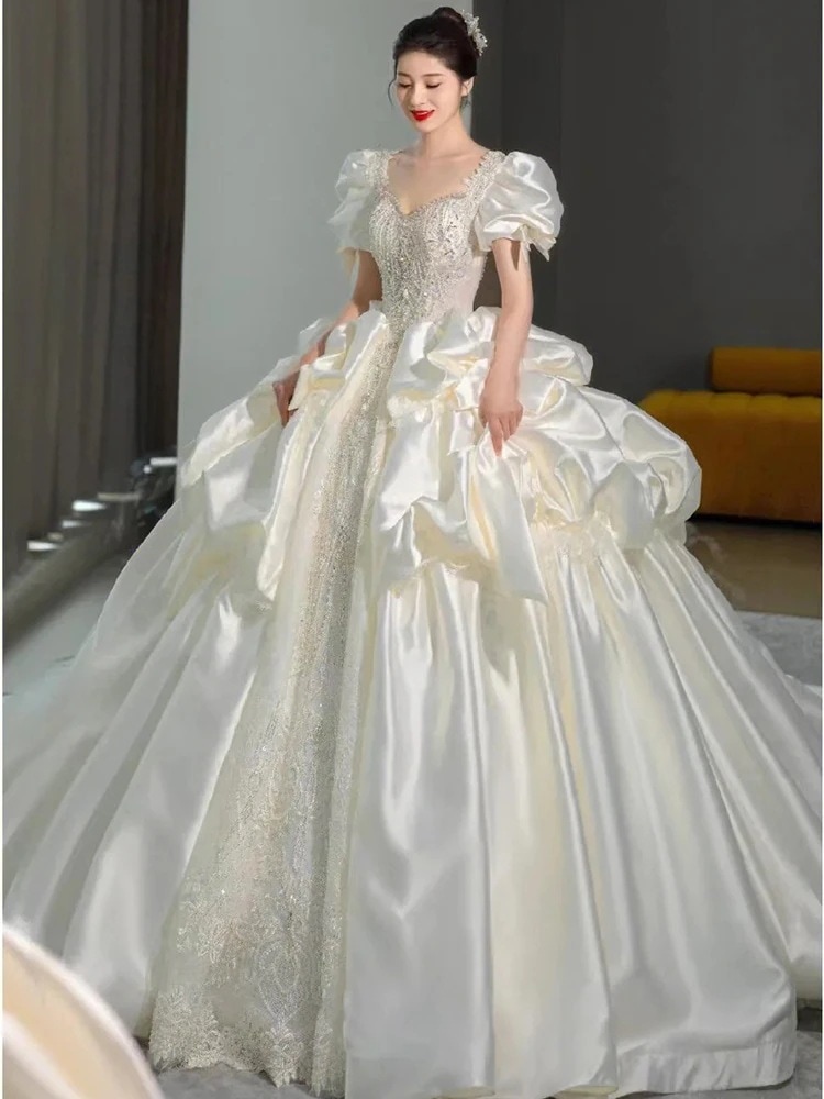 花嫁のためのサテンのウェディングドレス2025メインヤーン高級テクスチャドレス妊婦用ヘビーデューティーラージサイズファットmmトレーリング