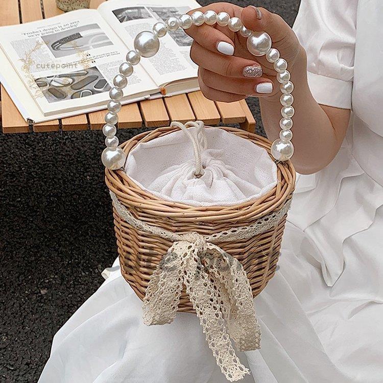 ッグ レディース ハンドバッグ かごバッグ 巾着 リボン レース パール 清楚 涼し気 お出かけ 大人可愛い ベージュ ホワイトミセス おしゃれ 女子会
