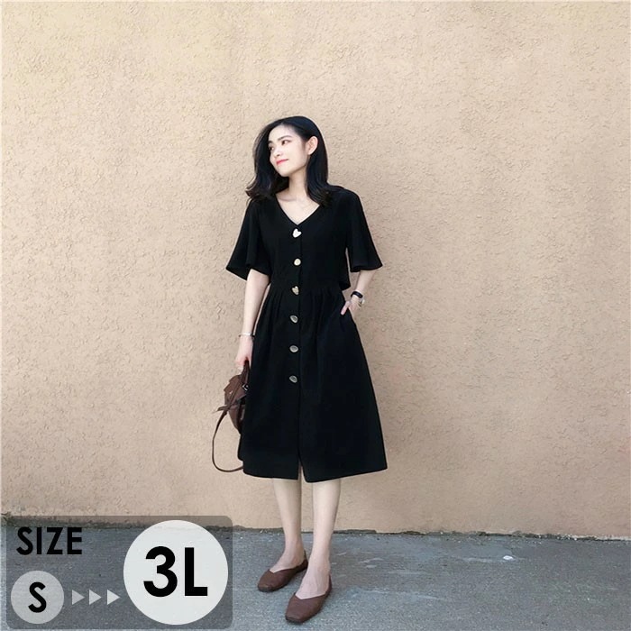 ワンピース 夏ワンピ ロング レディース Vネック 袖あり おしゃれ ファッション 春夏 カジュアル 体型カバー ゆったり 大きめ きれいめ 黒 日常 大人 母の日 プレゼント ギフト 30代 40