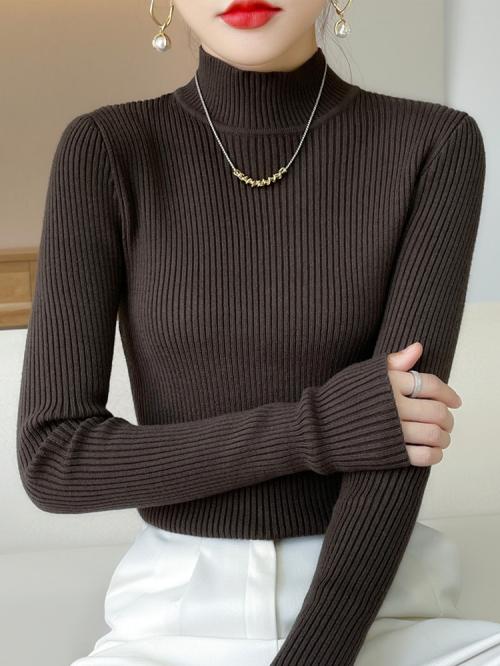 セーター レディース ハイネック 秋冬 タイト フィット ウール混 ニット 長袖 プルオーバー リブ 暖かい シンプル おしゃれ 無地 黒 ベージュ 茶色 オフィス