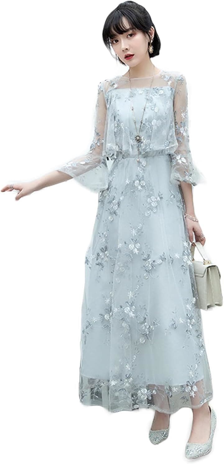 結婚式 ドレス ロング 個性的 Aライン レース 刺繍 ワンピース( グレー, XS)