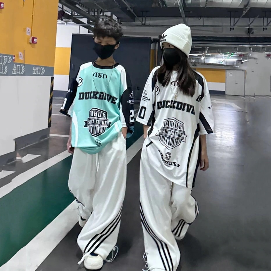 【店舗人気】韓国男女子供ヒップホップ速乾半袖tシャツ長ズボン少年六一街舞演hiphop服セット