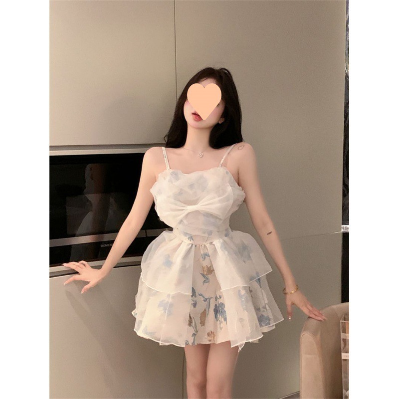 スーパーフェアリーサスペンダー背中美人花柄プリンセスチュチュスカート夏新作ピュアスイートドレスウエストショートスカート