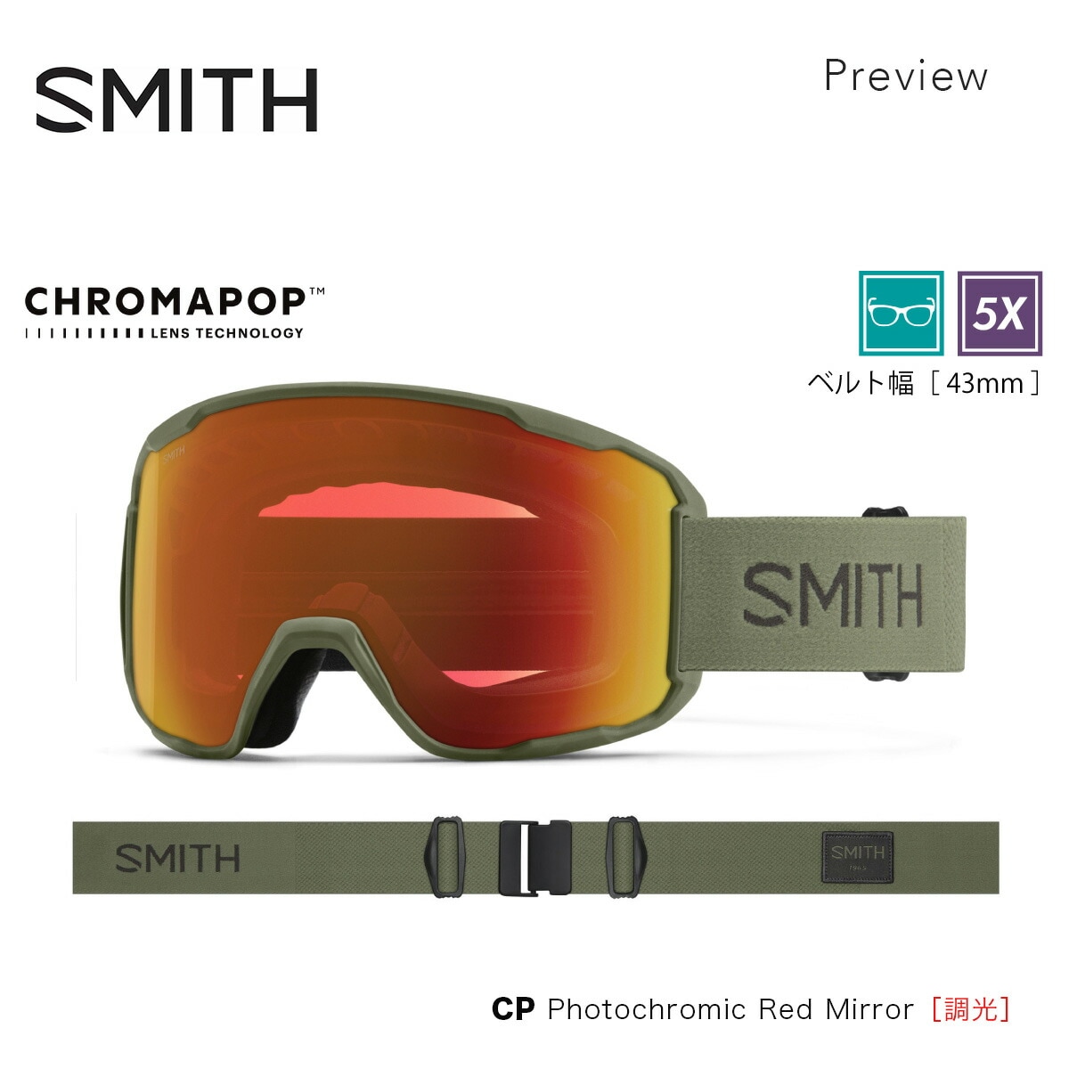 スノーゴーグル プレビュー Preview Fatigue Green CP Photochromic Red Mirror 調光レンズ バードアイビジョン ローブリッジフィット
