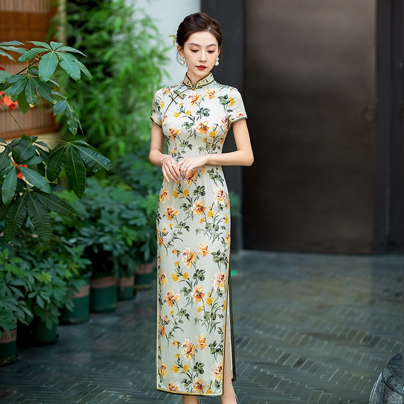 スプリングシルクチョンサムチャイニーズマルベリーシルクドレスハンドセウンバンケットデイリーウェア