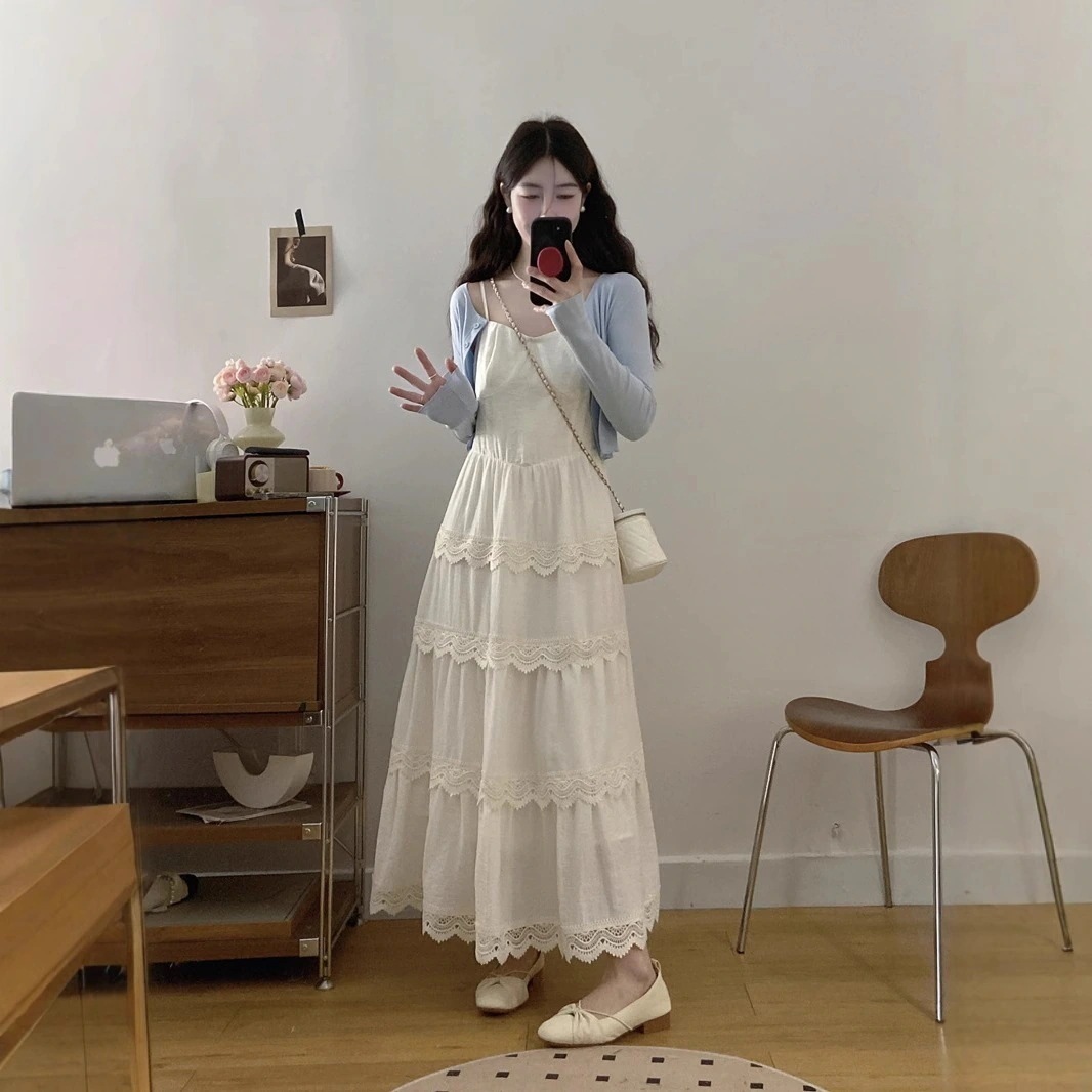 【急速発送】レースサイドブルーニットカーディガン2枚セットスカートキャミワンピース秋の万能アイテム