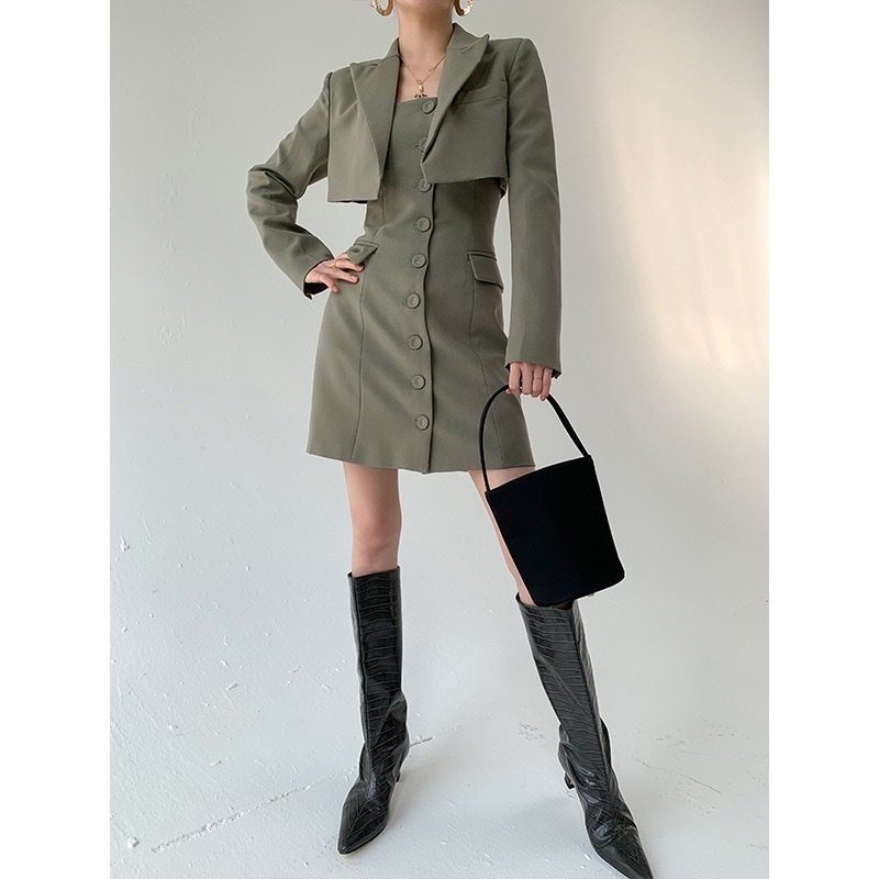 紅山 2024 女性の春の新作ショートスーツドレススーツウエストソリッドカラーショートドレス女性