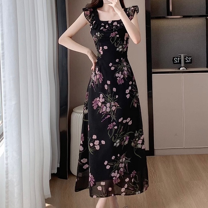 レディース ワンピース フレア ロング マキシ 袖なし ノースリーブ フリル袖 ラウンドネック Aライン 背中開き フェミニン フリル リボン ウエストマーク ウエストリボン バックリボン