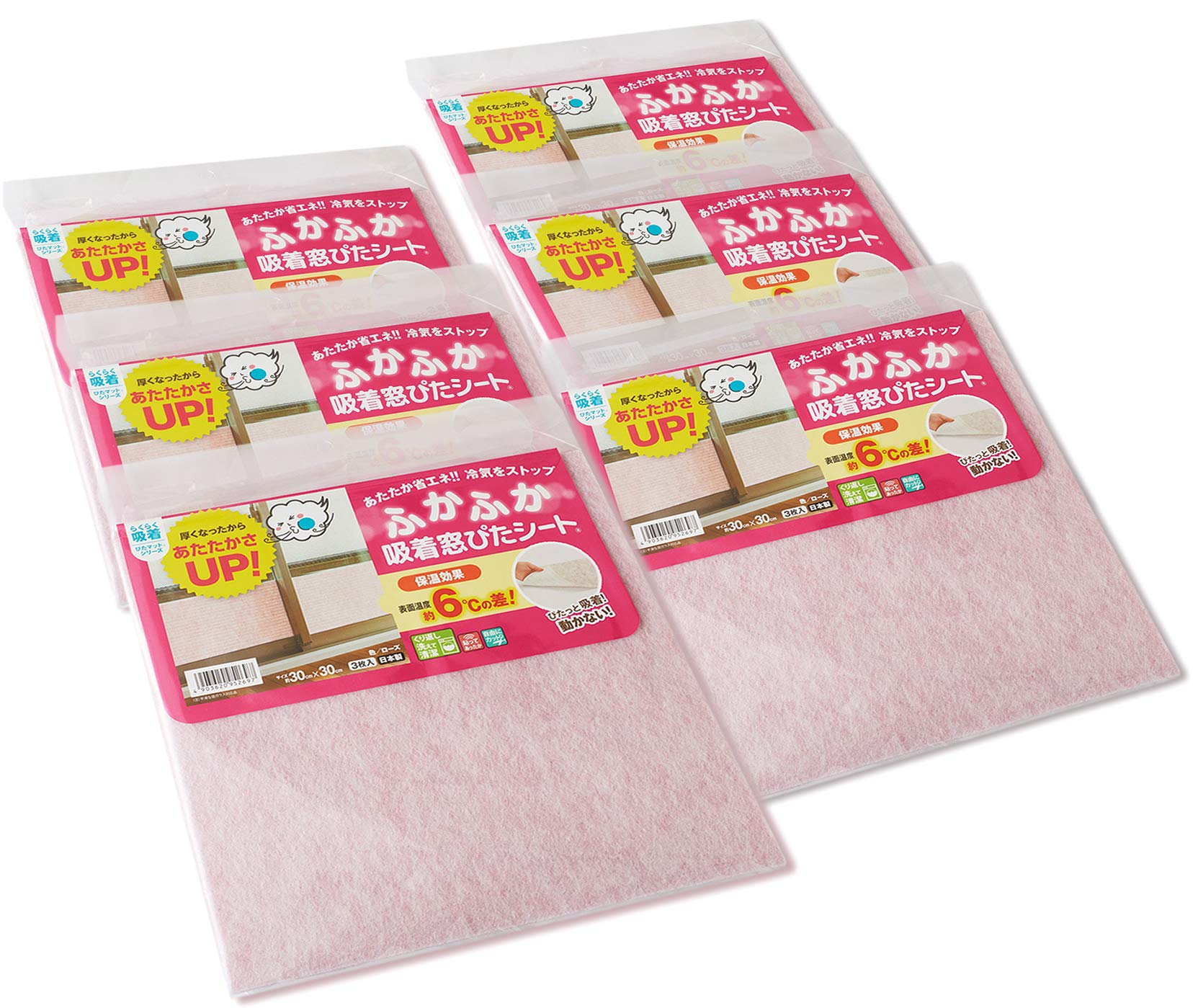 省エネシート 冷気をブロック ふかふか窓ぴたシート 30X30cm 厚み約7mm 3枚組x6パック 合計18枚セット (ローズ)