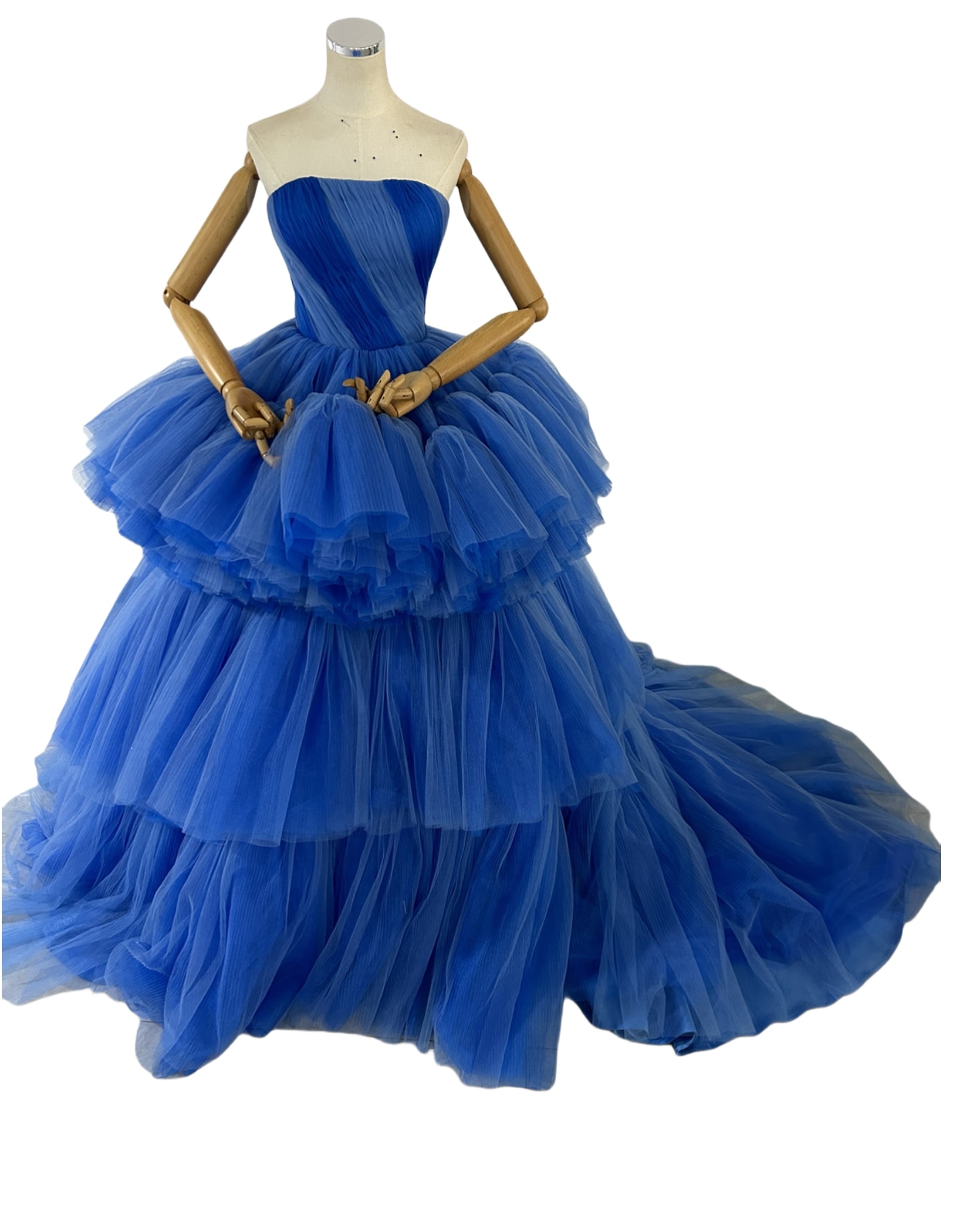 豪華！パーティードレス ブルー ベアトップ グラデーション 柔らかく重ねたチュールスカート 前撮り