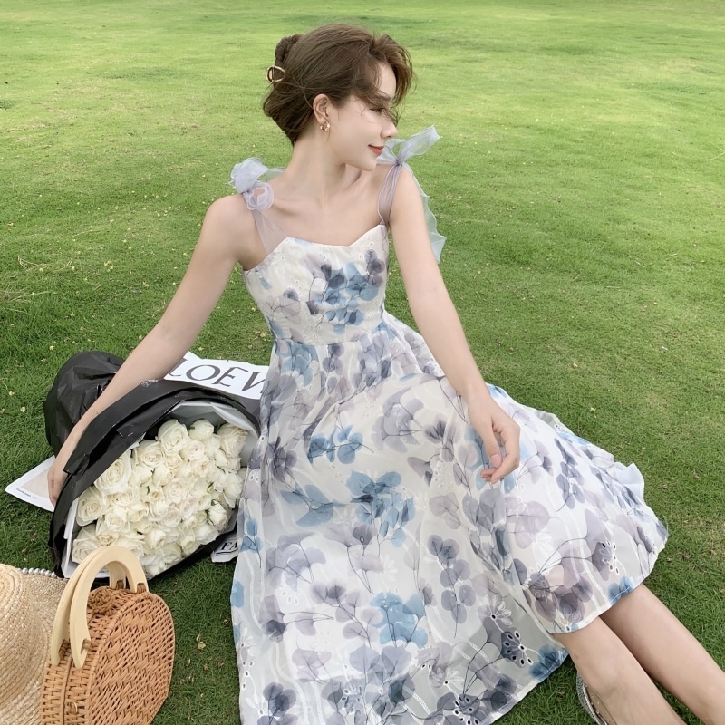 ワンピース ロング マキシ丈 袖なし ストラップ フレア 背中開き 刺繍 シフォン リボン