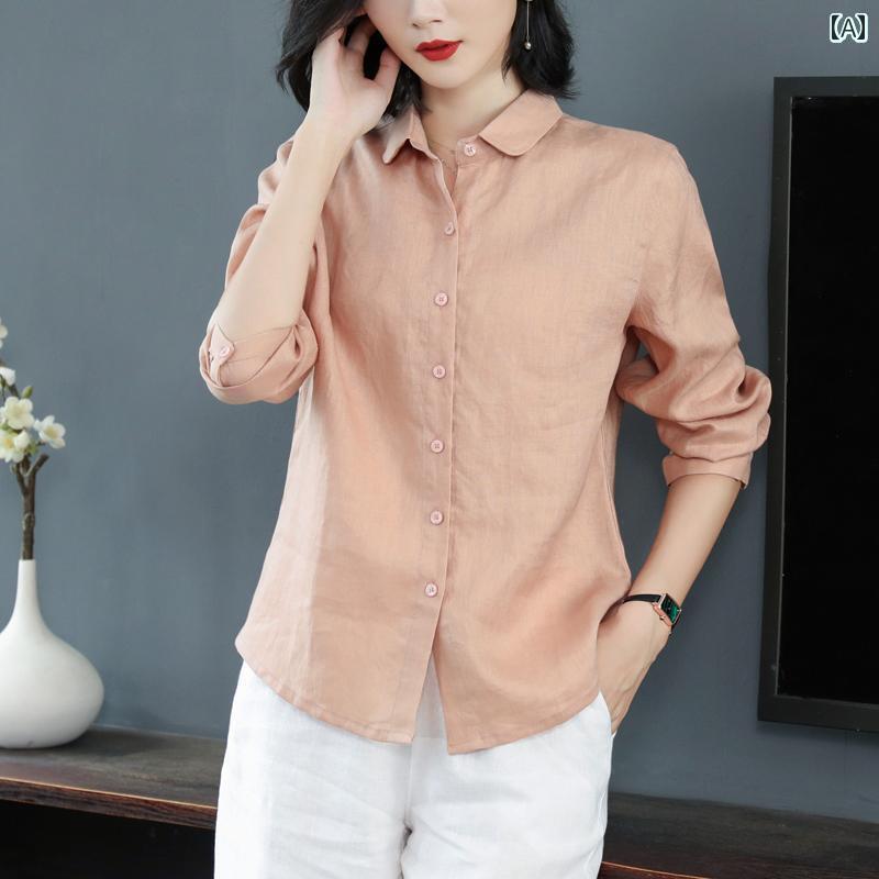レディース　　シャツ　トップス 春の ハイエンド リネン レディースシャツ 長袖 カジュアル 文学 通勤 シャツ レディース コットンと トップ
