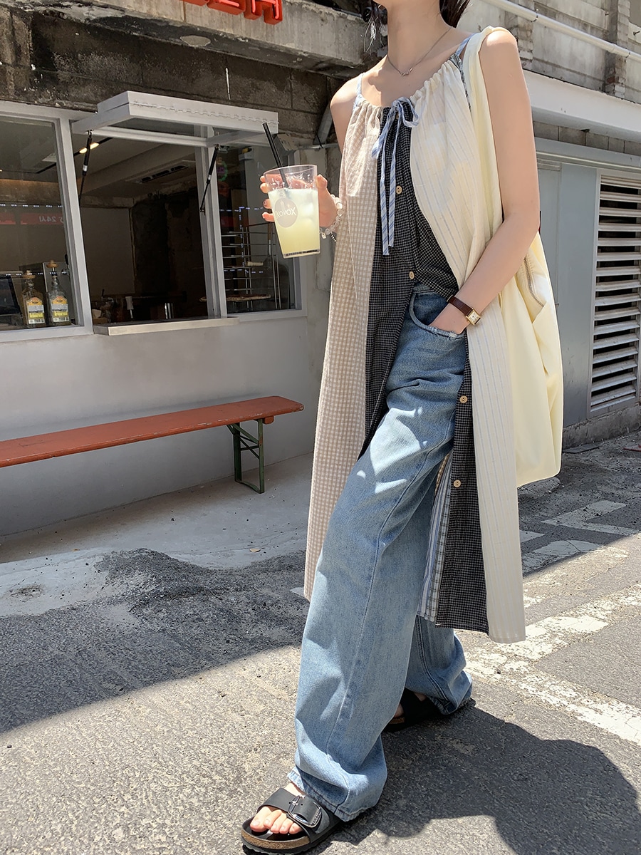 2024夏リゾートスタイルレトロコントラストカラースプライシングサスペンダードレスレディースゆったりデザインロングスカート