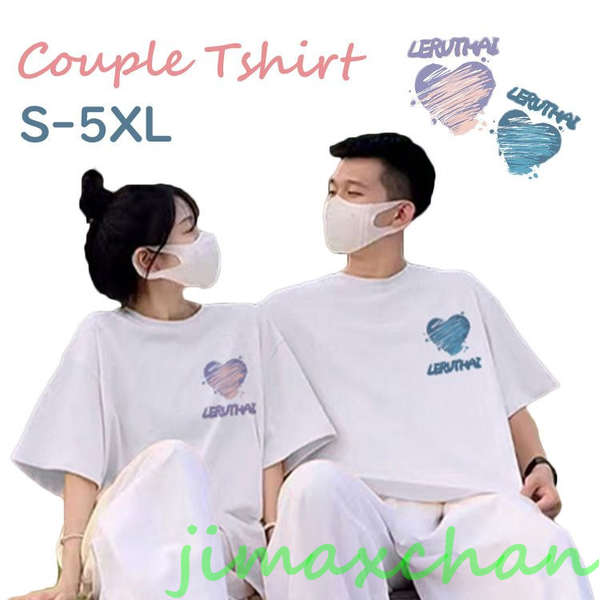 新生活 ペアtシャツ 夏 半袖 ペアルック tシャツ 夏服 ペア ハート パターン 夫婦 カップル リンクコーデ 大きいサイズ 可愛い おしゃれ カップル 白 黒 夏服 メンズ