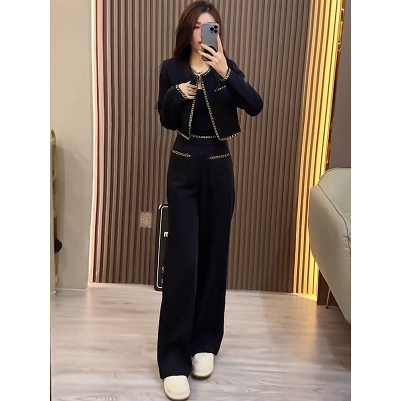 ハイエンドのカスタマイズ-軽くて大人なスタイルのデザインの小さな香りのスーツ女性のための 2025 秋の新しいニッチショートコートワイドレッグパンツ 2 点セット