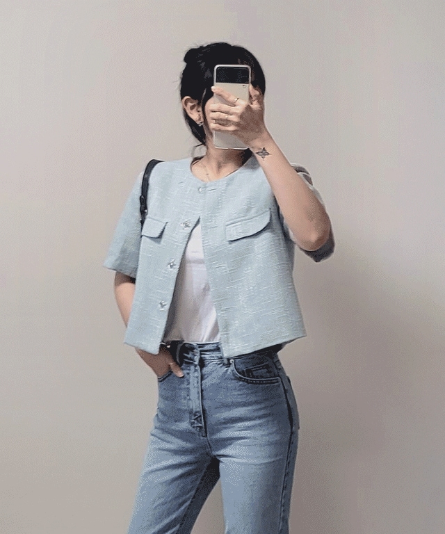 (ボタンポイント) フェイブ プレーン ハーフ ツイード ジャケット 2color ポイント フェミニン デイリー fave