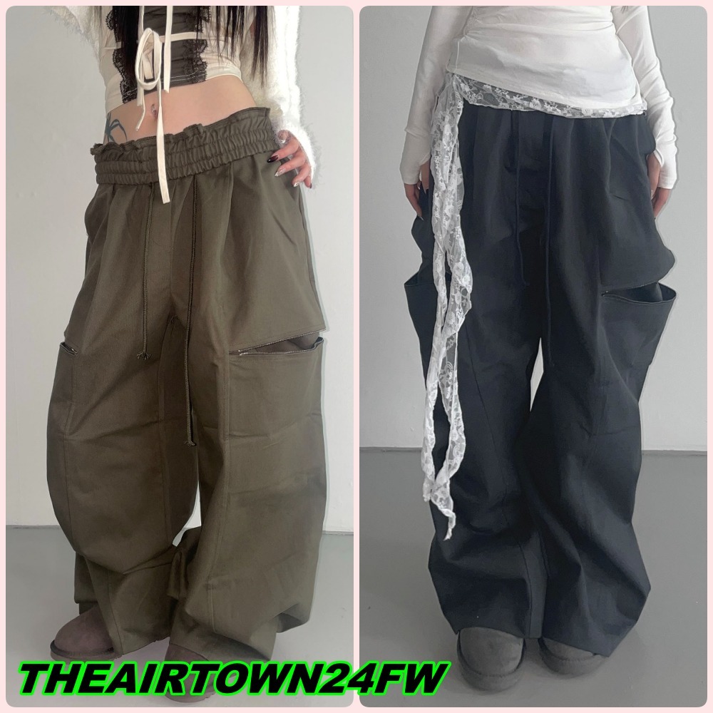 【THEAIRTOWN】Diagonal Zipper Big Pocket Wide Pants ★ VICTORIOUS Scrunch Stacked Biker Twill Jogger Pants JG882