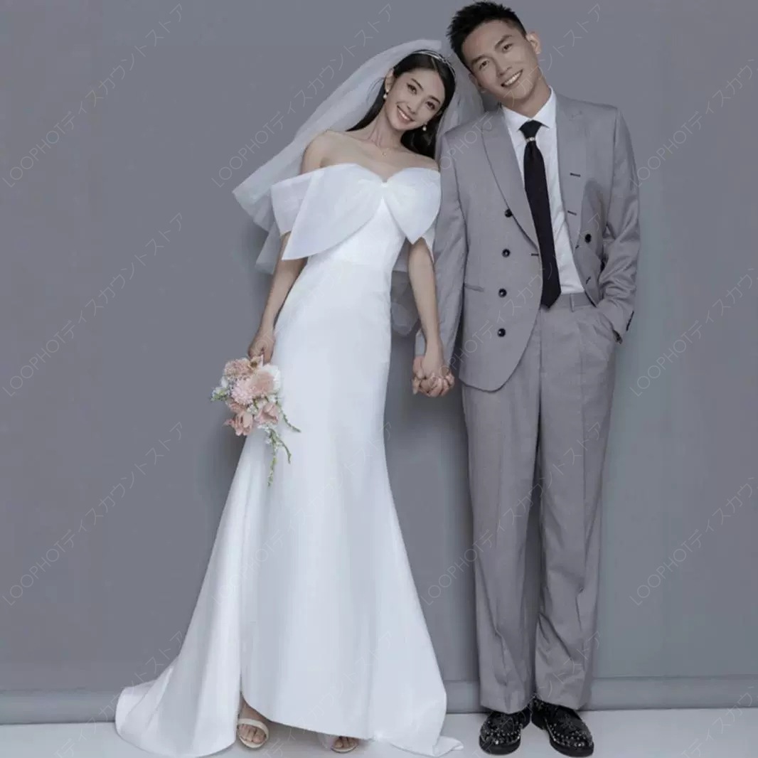 ウェディングドレス ウエディングドレス フレア袖 マーメイド オフショルダー ドレス ワンピース 二次会 ロングトレーン 花嫁ドレス 前撮り ウエディング 結婚式-93