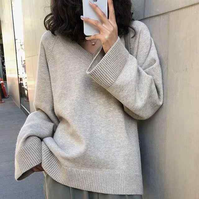 レディース お洒落 上質 シンプル プラス サイズ ソフト セーター Vネック ワイド スリーブ セーター 秋冬 アウターウェア ルーズ ニット セーター