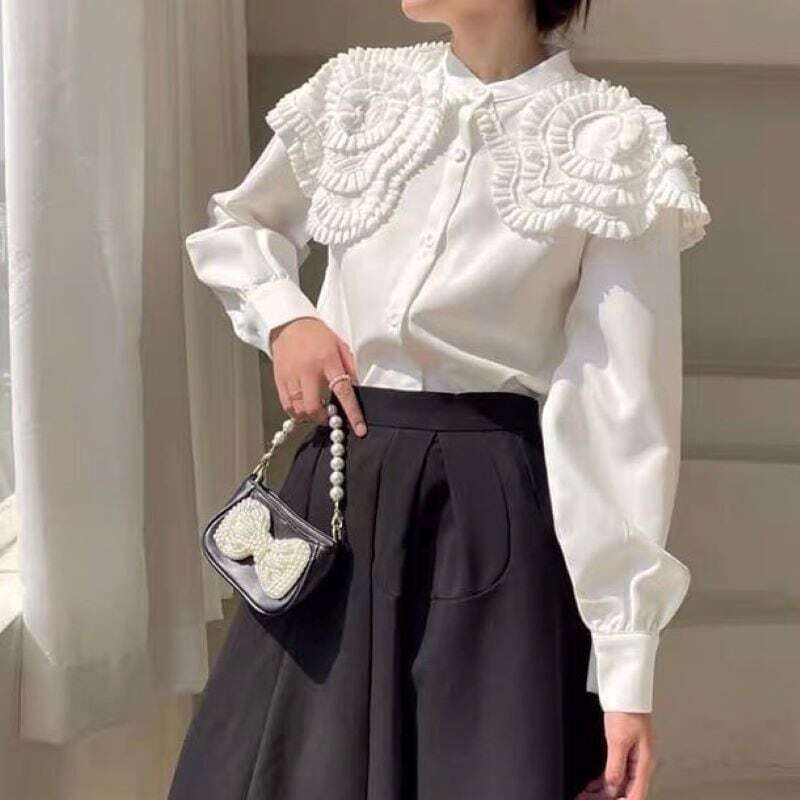 【送料無料】レディース アシンメトリー ビッグカラー ブラウス 大きめ襟 ホワイト 長袖